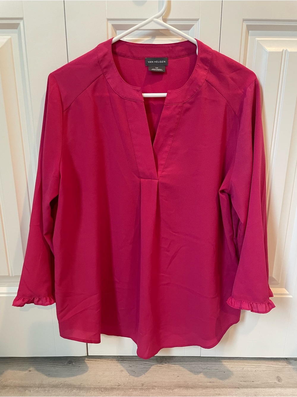 Van Heusen Women's Fuchsia Split-Neck Ruffle Cuff Blouse